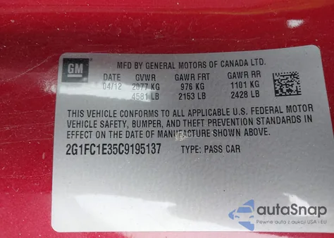 2012 Chevrolet Camaro 2Lt из США, поврежденный, VIN 2G1FC1E35C9195137